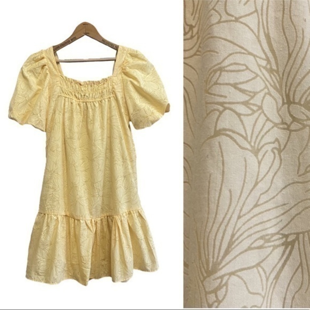 Moon River Pastel Yellow Floral Print Smocked Puffy Sleeve Mini Dress XS